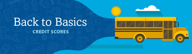 School bus with banner reading back to basics credit scores