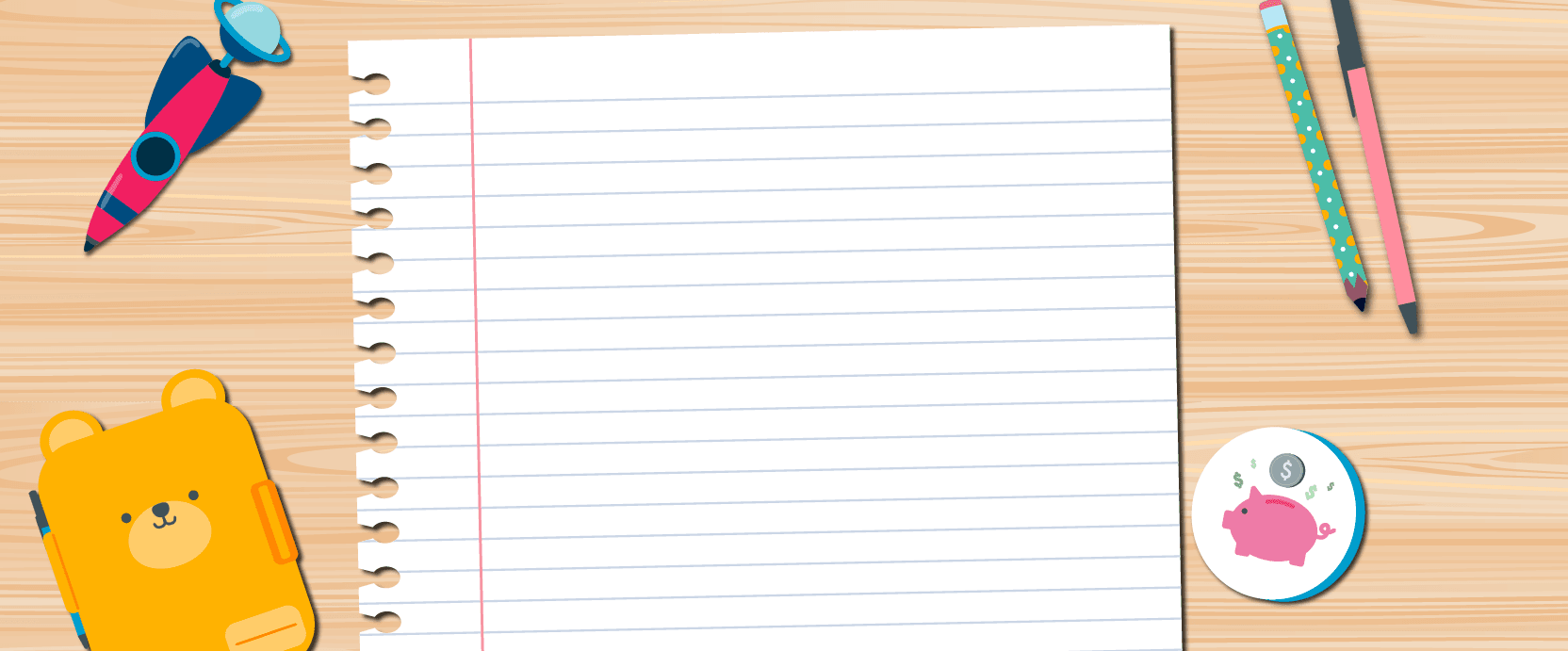 Nick's school desk with a blank college ruled paper in the center, his favorite rocket pen, a yellow notebook with a bear's face, and two writing tools to the right.