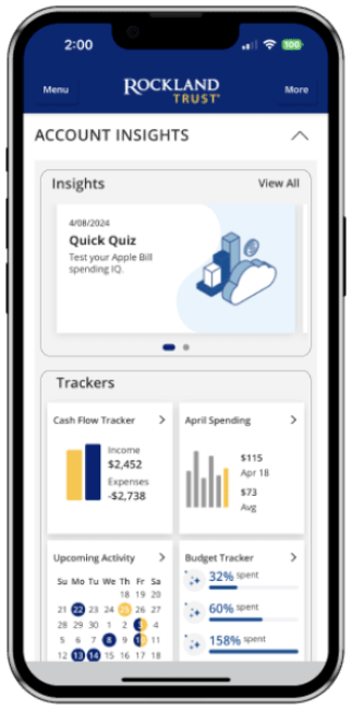 Mobile phone with Rockland Trust Account Insights displayed